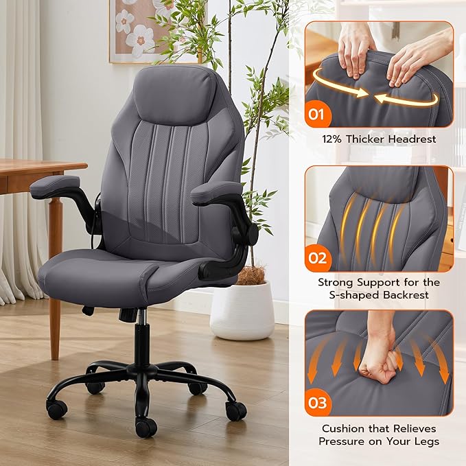 Office Desk Chair, Ergonomic Computer Chair with Padded Flip-Up Arms and Adjustable Lumbar Support, PU Leather Executive Chair with Tilt Lock and 360° Swivel Rolling Wheels for Work, Study