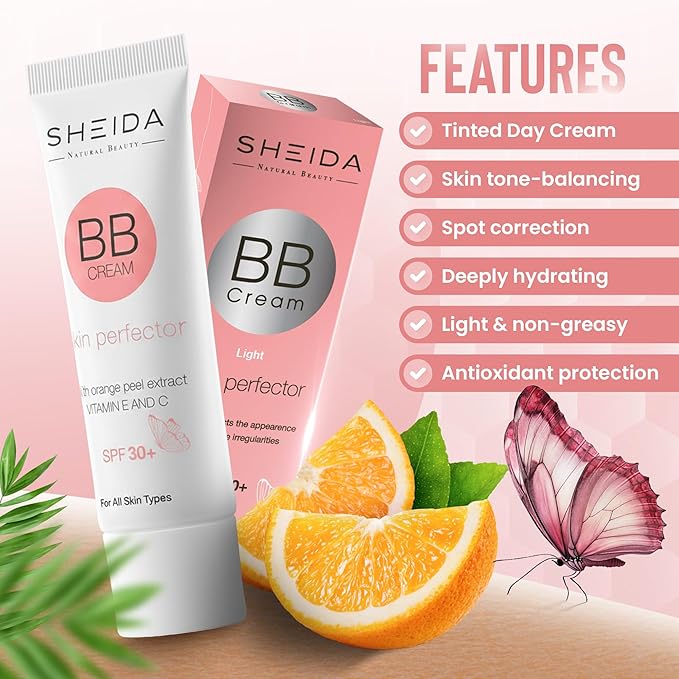 Sheida BB Cream with SPF 30+, Hydrating Daily Tinted Day Cream, Natural Finish, Buildable Light Coverage, 24h Moisture, Vitamin C & E for Even Skin Tone and Radiant Look – 50 ml (Light)