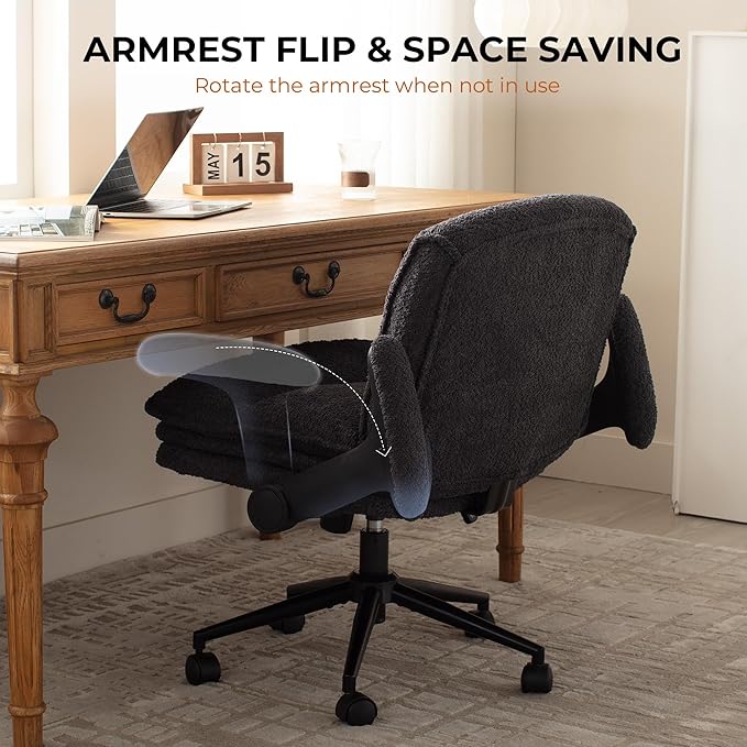 Dowinx Criss Cross Chair with Adjustable Flip-up Arms and Wheels, Comfort Ergonomic Office Desk Armchair with 3 Layer Cushions, Wide Seat Vanity Chair for Home Office, Living Room, Bedroom, Black