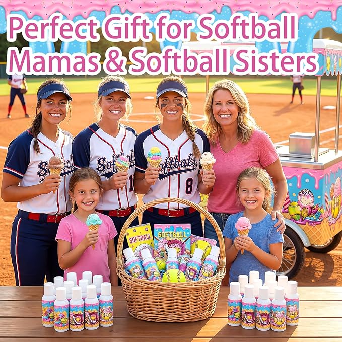 Demissle 24 Pcs Ice Cream Drip Softball Mini Sunscreen Bulk Spf 30 Travel Size Sunscreen Ice Cream Dripping Party Favors for Softball Birthday Sports Team Summer Gifts, 1 Fl. oz