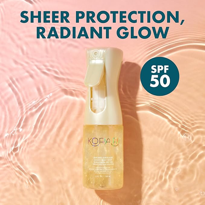 Kopari Golden Sunglaze Sheer Body Mist Sunscreen SPF 50, Infused with Shimmering Body Oil, Hydrating Mist, Hydrates, Brightens, Gives Skin a Glowy Finish, Lightweight, Fast-Absorbing.