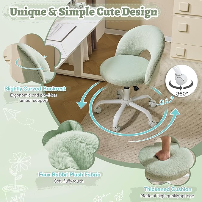 VINGLI Small Vanity Chair with Faux Fur Wheels for Girls,Cute Adjustable Height Armless Office Desk Chair,360°Swivel Comfy Rolling for Study,Make up Room,Small Space,Mint Green