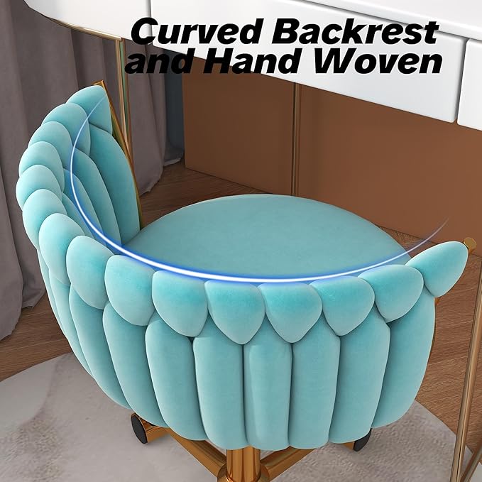 Velvet Woven Home Office Chair, Modern Swivel Desk Chair with Wheels, Height Adjustable Vanity Chair with Gold Metal Base and Hand Weaving Back for Bedroom Study Small Space, Cyan