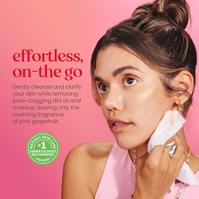 Burt's Bees Pink Grapefruit Face Wipes, for All Skin Types, Hydrating Makeup Remover & Facial Cleansing Towelettes, 30 Ct. (6-Pack)
