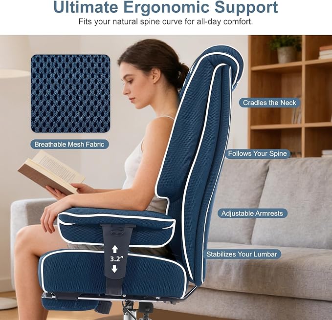 Big and Tall Office Chair 400lbs Wide Seat, Leather High Back Executive Office Chair with Lumbar Support, Ergonomic Chairs Padded Armrests & Thick Cushion (Mesh Blue)