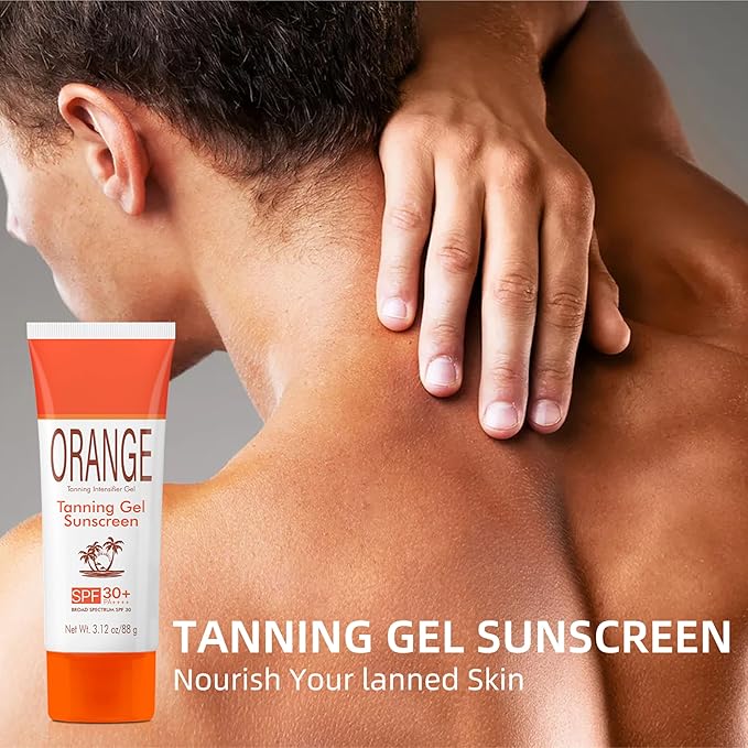 Orange Tanning Gel Sunscreen SPF 30+ – Hydrating Balm-to-Oil Bronzing Formula with Coconut Oil, Vitamin E & A – Non-Greasy Sunblock for Smooth, Glowing Skin – 3.12 oz (1)