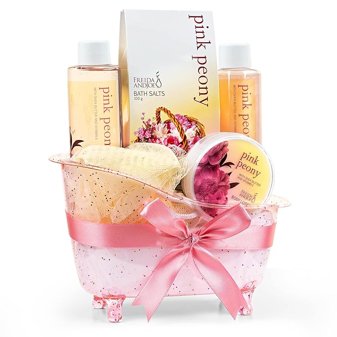 Home Spa Gift Basket Peony Spa Set For Women, Contains Shower Gel, Bubble Bath, Body Lotion, Peony Bath Salt & Puff in a Pink Feminine Tub – Mother's Day Gift for Mom