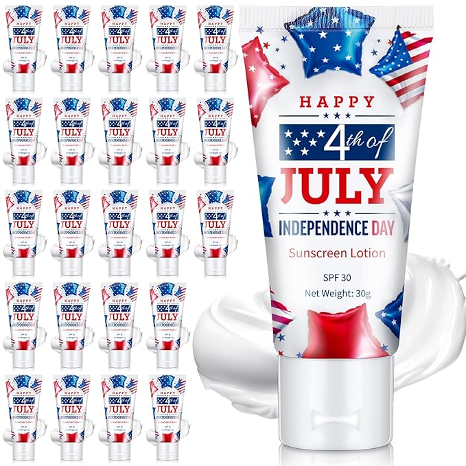 24 Pcs Mini Sunscreen Bulk for Summer Wedding Party Spf 30 Water Resistant Sunscreen Lotion Bulk 1oz Travel Size for Thank You Gifts Wedding Party Supplies(White Cream,Independence Day)
