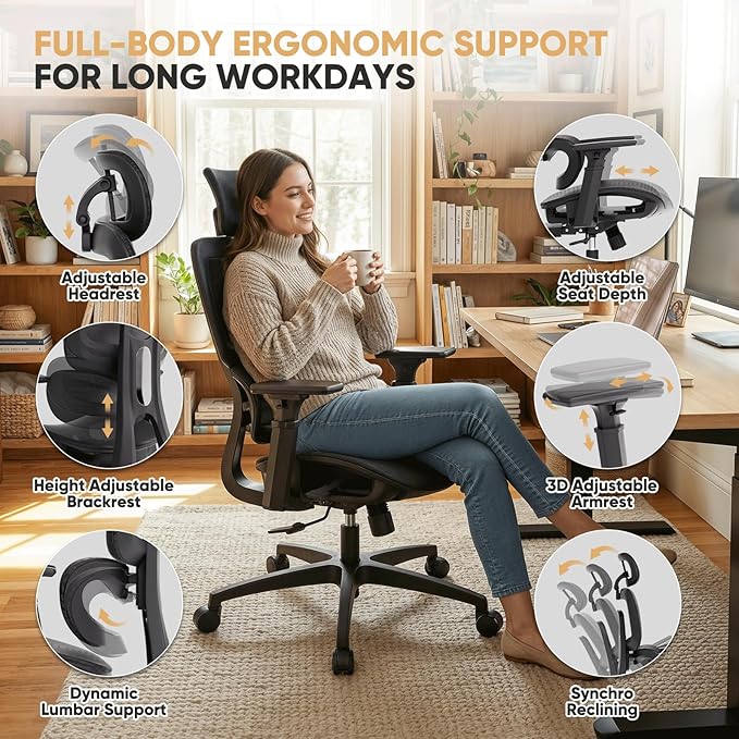 Magshion Ergonomic Office Chair, High Back Desk Chair with Adjustable Headrest, 3D Armrests, Tilt Lock and Lumbar Support, Mesh Computer Chair for Home Office, 350 LBS Capacity, Black