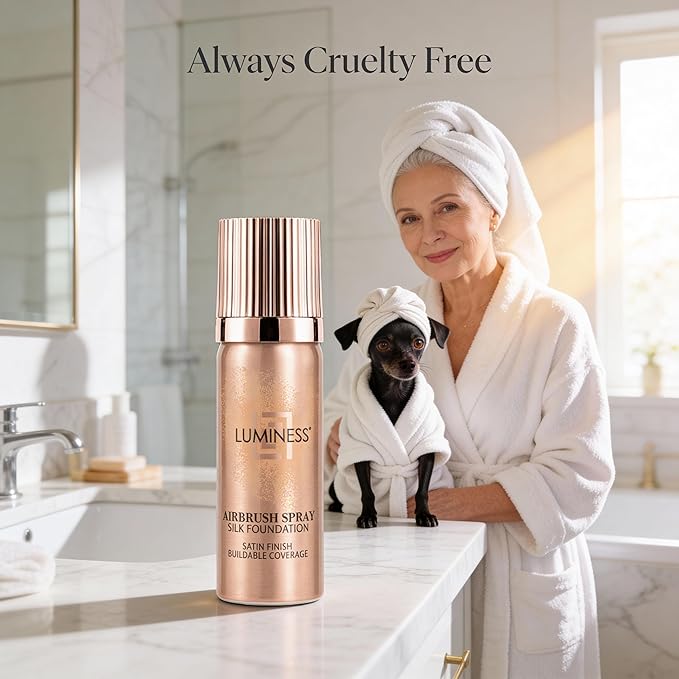 LUMINESS Silk Airbrush Spray Foundation 2-PC Kit - Foundation & Dual-Sided Angled Makeup Brush - Buildable Coverage, Anti-Aging Formula, Humidity Resistant, Hydrates & Moisturizes, Light Medium