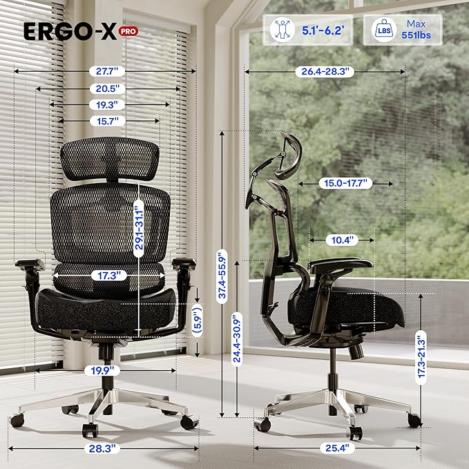 FLEXISPOT ErgoX-PRO Ergonomic Office Chair Black – Cloudtech Cushion, 5D Lumbar, 7D Armrests, 4D Headrest, 551LBS Capacity – Office, Gaming, Home