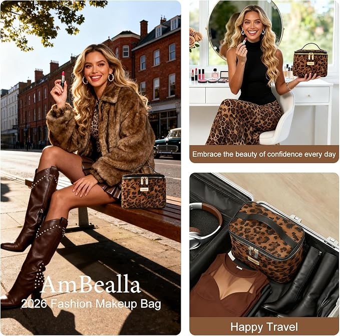 AmBealla Large Makeup Travel Bag Cosmetic Bags with Makeup Mirror and Brush Holder,Makeup Organizer Leopard Print for Women,Portable Toiletry Bag for Fashion Girls