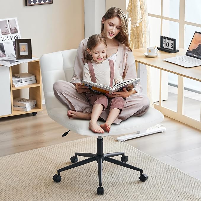 Furnimart Swivel Criss Cross Legged Chair with Wheels for Home Office, Wide Armless Desk Chair Height Adjustable Comfy Seat for Desk,Vanity, Bedroom, PU Ivory White