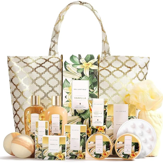 Spa Luxetique Gift Baskets for Women,15 Pcs Vanilla Spa Gifts for Women, Women's Gifts with Bubble Bath, Bath Salt, Bath Bombs, Mothers Day Gifts