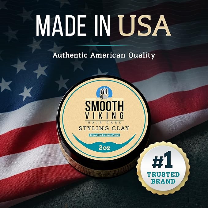 Smooth Viking Hair Clay for Men - Strong Hold Clay Pomade, Matte Finish, Oil-Free, Made in USA, All Hair Types, Natural Scent, Easy Wash Out, Thickening, Nourishing, 2oz