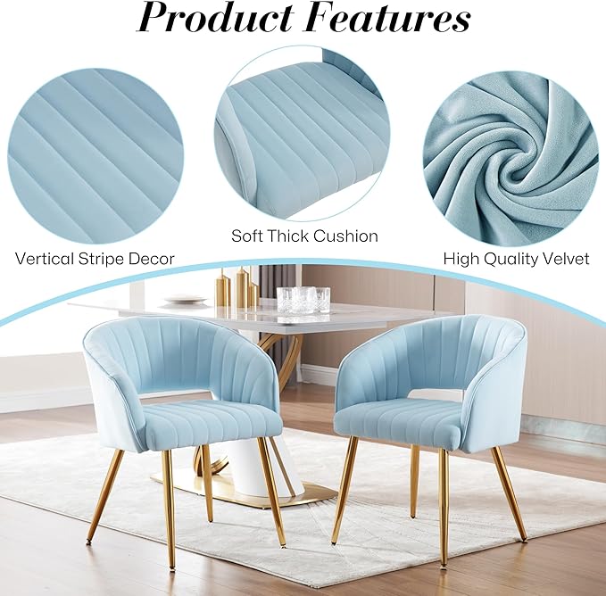 Modern Velvet Vanity Chair, Home Office Desk Chair with Hollow Back, Upholstered Dining Chair with Gold Metal Legs, Comfy Accent Armchair for Living Room Bedroom, Light Blue