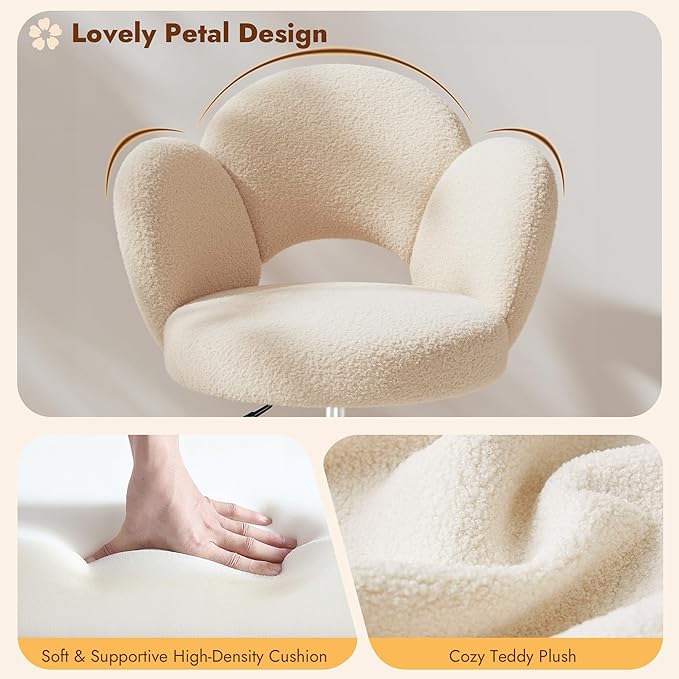 Petal Vanity Chair, Cute Vanity Chair with Wheels, Height Adjustable, Velvet Desk Chair for Study, Makeup & Relaxation, Creamy Beige