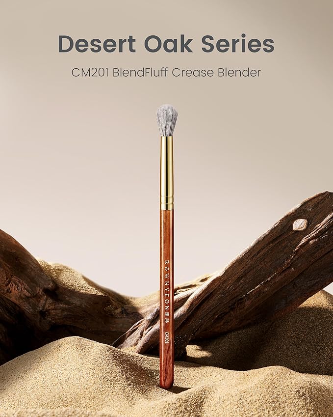 Desert Oak Series BlendFluff Crease Blender - Natural Goat Hair Eyeshadow Brush for Soft Blending, Luxury Bubinga Wood Handle (CM 201)