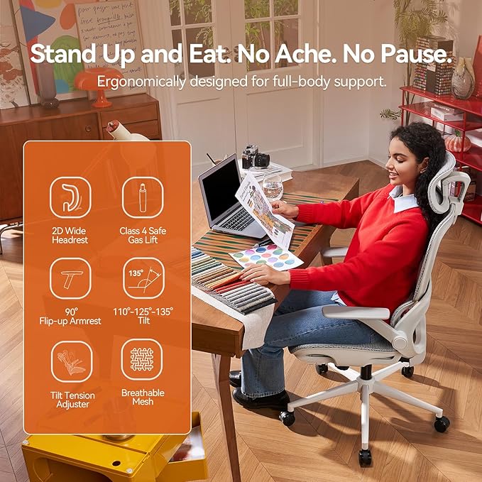 SIHOO B100 Office Chair, Comfy Ergonomic Office Chair, High Back Computer Chair with Adaptive Lumbar Support & Wide Headrest, Flip-up Armrests, Swivel Desk Chair for Long Hours, Grey