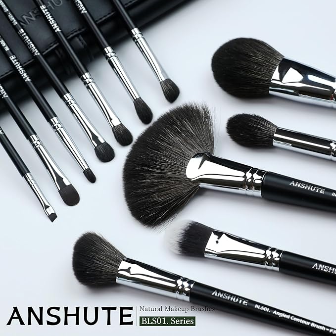 12-Piece Professional Natural Goat Hair Makeup Brush Set with Travel-Ready Makeup Brush Organizer - 5 Face & 7 Eye Brushes. Super Soft Bristles, Variety of Brushes. Labled Brush Handle