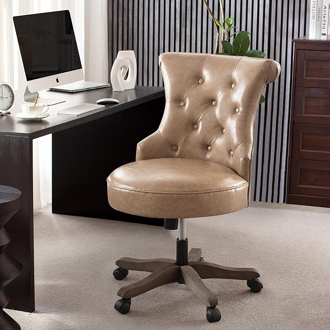 HUIMO Home Office Chair Upholstered Armless Desk Chair with Wheels Adjustable Height Computer Desk Chair with Wooden Legs Comfortable Swivel Chair for Home Office Study Studio (Light Brown)