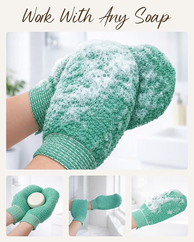 Exfoliating Gloves 2 Pack, Wave Texture Exfoliating Mitt for Dead Skin Remover, Body Scrub Gloves for Bath Shower, Korean Exfoliating Mitt, Loofah Alternative Body Scrubber for Women & Men