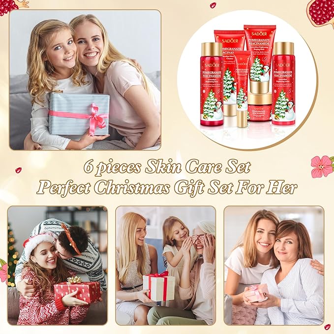 Gifts for Women 6 Pcs Skin Care Set Pomegranate Moisturize Soothe Hydrate Gifts for Teenage Girls Stocking Stuffers-Cleanser,Toner,Lotion,Face Cream,Eye Cream,Sleep Mask