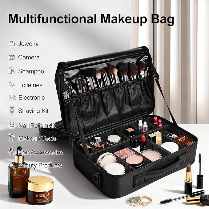 Greenfeather Travel Makeup Bag, Professional Cosmetic Train Case Organizer, Portable Travel Cosmetic Brush Bag Holder Makeup Artist Storage Box with Adjustable Dividers and Shoulder Strap, Black