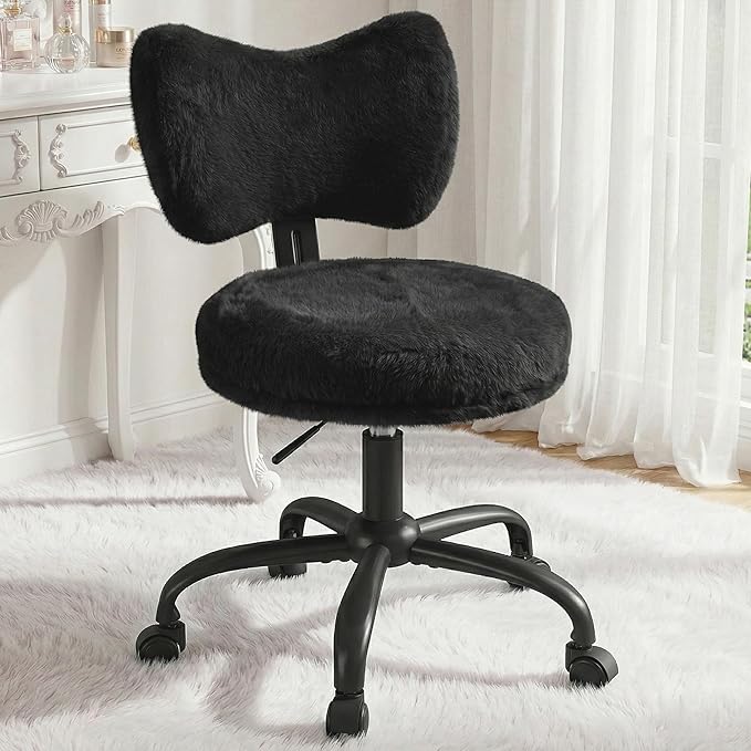 Vanity Chair with Wheels, Cute Desk Chair with Bow Backrest, Fluffy Faux Rabbit Fur Small Office Chair for Vanity, Make-up Room, Bedroom, Dorm, Height Adjustable, Black