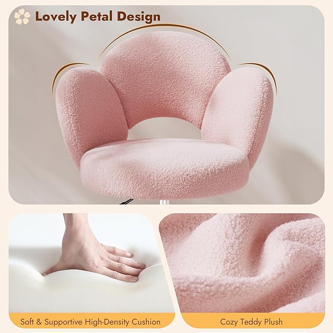 Petal Vanity Chair with Wheels, Cute Desk Chair with Back, Height Adjustable & Lumbar Support, Small Office Chair for Study, Makeup & Relaxation, Pink