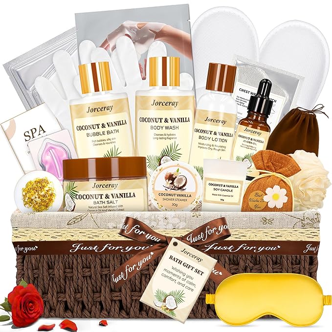 22PCS Spa Gift Baskets for Women, Luxury Bath and Body Gift Basket Set for Women Coconut Vanilla Spa Kit Relaxing Spa Self Care Gift for Her Wife Lover Mom Sister Friend