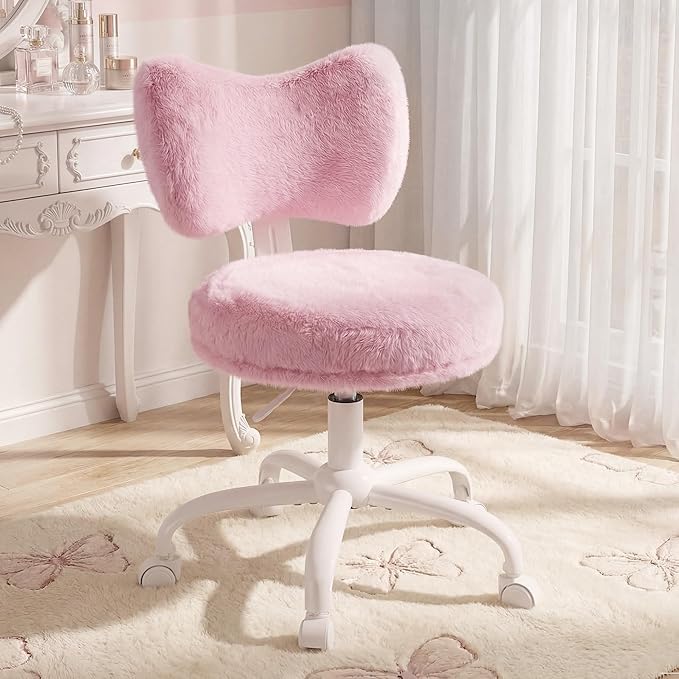 Vanity Chair with Wheels, Pink Desk Chair with Cute Bow Backrest, Fluffy Faux Rabbit Fur Small Office Chair for Vanity, Make-up Room, Bedroom, Dorm, Small Space, Height Adjustable, Pink