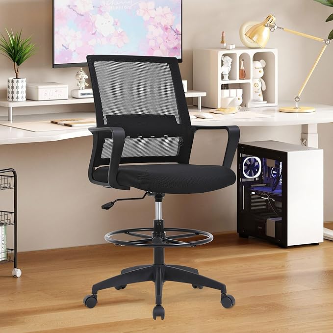 BestOffice Drafting Chair Tall Office Chair Adjustable Swivel Rolling Mesh Height with Lumbar Support Arms Footrest Mid Back for Adults Standing Desk Drafting Stool(Black)