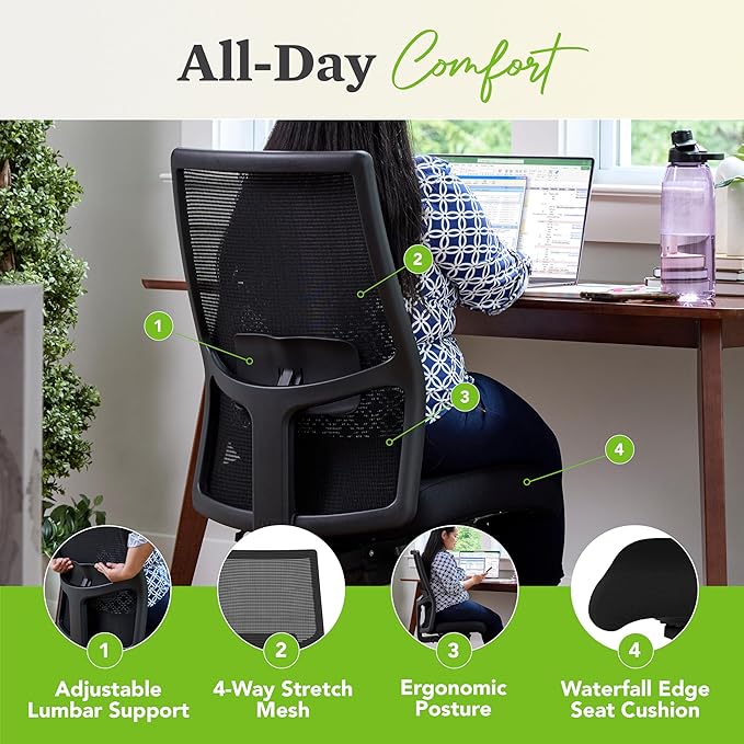HON Ignition 2.0 Armless Office Chair, Ergonomic Adjustable Tilt, Swivel Wheels, Comfy for Long Hours, Home Office Desk Chairs, Black