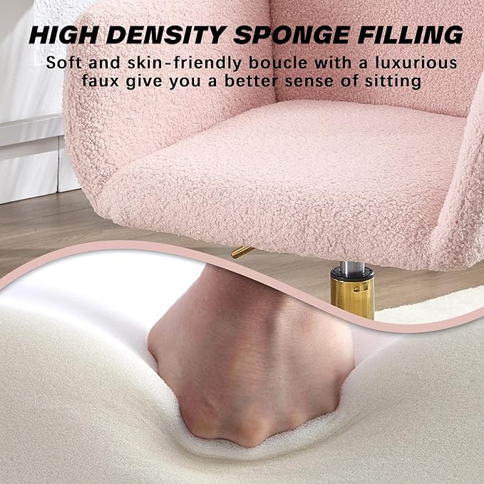KCC Faux Fur Vanity Makeup Desk Chair, Comfy Fluffy Swivel Modern Leisure Armchair with Wheels, Upholstered Fuzzy Height Adjustable for Teens Women Girls Elegant Home Office, Pink