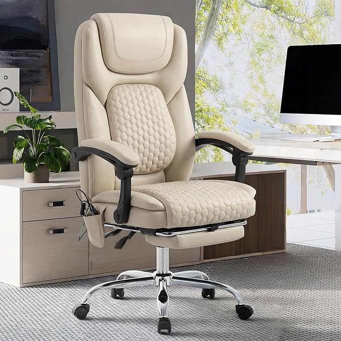 Massage Office Chair Set of 2 with 3-Level Heat and Footrest – 20-Min Easy Assembly, 300 lbs Big and Tall Desk Chair, PU Leather Ergonomic Executive Computer Chair with Side Pocket, Beige