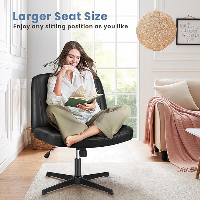 DUMOS Desk Chair No Wheels, Criss Cross Chair Wide Cross Legged Office Desk Vanity Chair, PU Leather Armless Adjustable Swivel Chairs for Home Computer Task Black