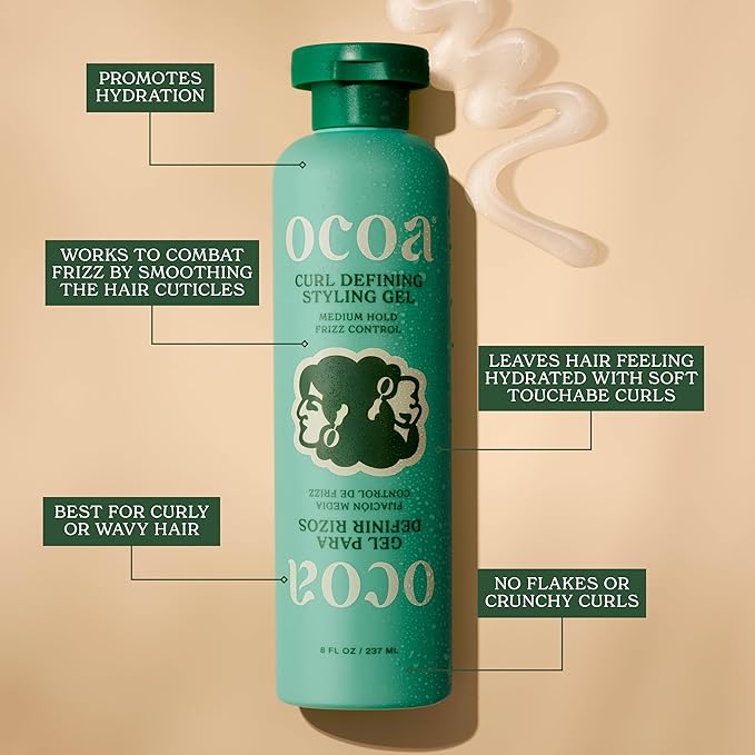OCOA Beauty Curl Defining Styling Gel with Flaxseed, Mango Butter & Hibiscus – Medium Hold for Curly & Wavy Hair – Frizz Control, Deep Hydration & Soft Defined Curls with Zero Flaking or Crunch – 8oz
