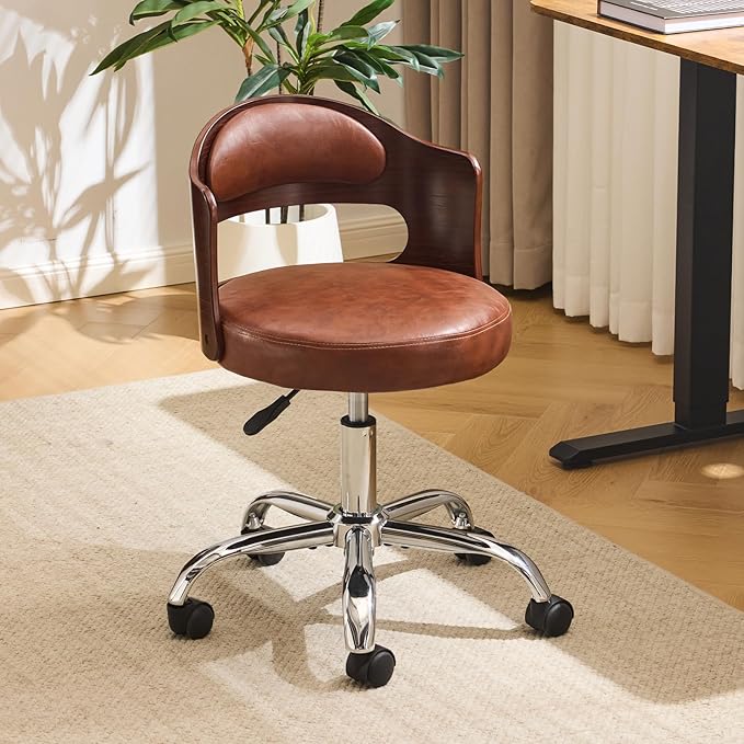VINGLI Armless Home Office Desk Chair, Adjustable Swivel Chair,Dual-Use with/no Wheels,Small Retro Designed Walnut Curved Task Chair,Cushioned Nail Tech Chair for Study Area,Workspace,PU,Brown