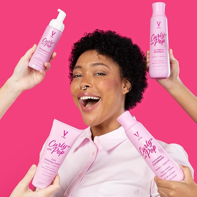 V&Co. Curly Pop Curl Defining Shampoo – Sulfate Free & Paraben Free Moisturizing Hair Care with Peptides, Amino Acids & Jojoba Oil for Hydration, Frizz Control & Healthy Curls – 12 fl oz