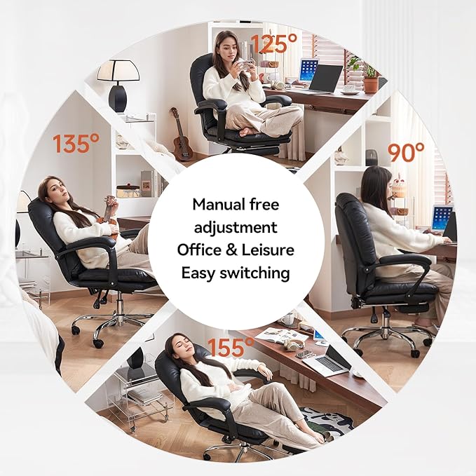 EMIAH Ergonomic Office Chair with Foot Rest Criss Cross Chair with Wheels Reclining Executive Office Chair Mid Back PU Leather Swivel Computer Chairs Lumbar Support for Home Office (Black)