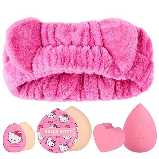 Get Trend Hello Kitty Sanrio Makeup Brush Sponge Set for Girls, Teens with Headband Powder Puffs Soft Brushes Beauty Sponges, Kawaii Gifts for Girls (Pink Hello Kitty)