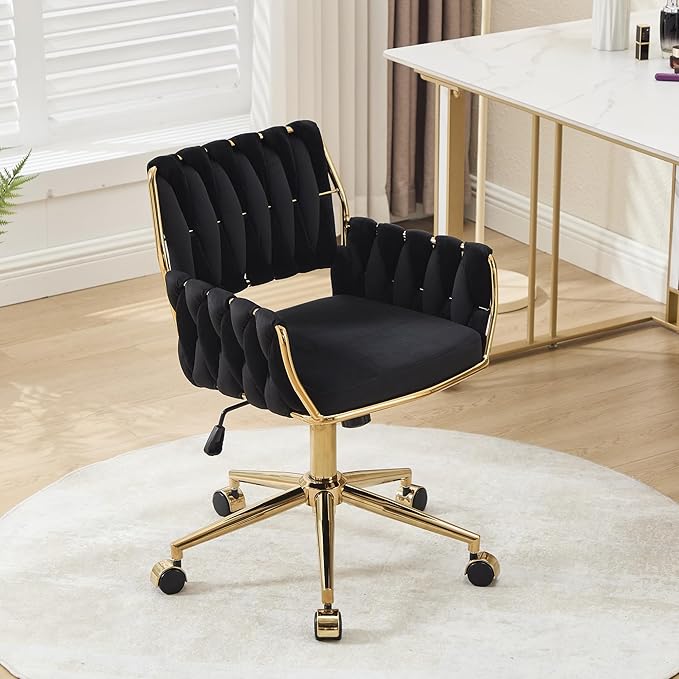 civama Velvet Office Desk Chair with Hand Woven Backrest, 360°Swivel & Height Adjustable Cute Girls Vanity Vlog Chairs, Nail Salon Bedroom Dressing Room Armchair with Gold Base and Wheels (Black)