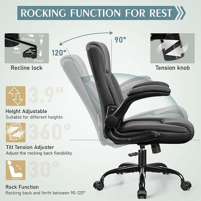 Leather Office Chair, PU Home Computer Desk Chairs with Ergonomic Back Support, 360°Swivel Free，Small Gmaing Chair with Wheels and Adjustable Armrests, for Short People Use, Black