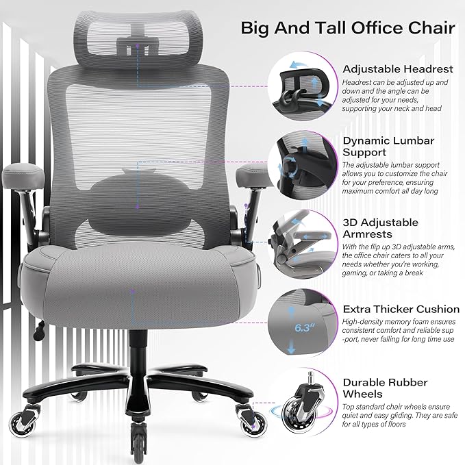 Big and Tall Office Chair 600lbs with 3D Flip Arms, Heavy Duty Large Executive Computer Desk Chair Ergonomic Mesh High Back Plus Size Chair for Adults