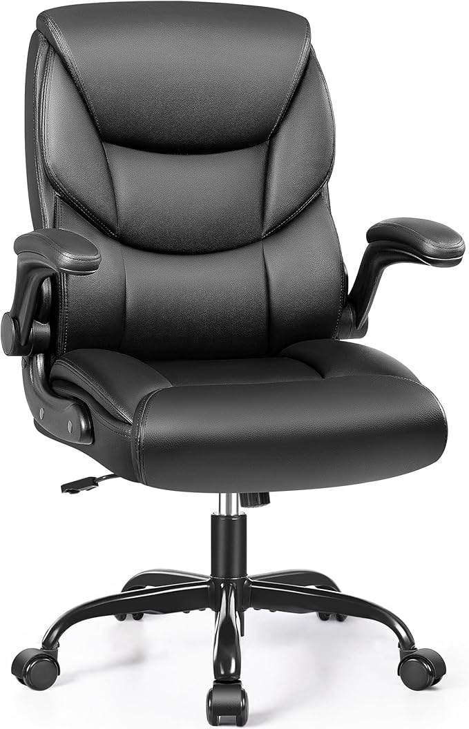 FelixKing Leather Office Chair - Small PU Ergonomic Desk Chair, Comfy Computer Chair with Wheels and Flip-up Armrests, Adjustable Height Mid Back Executive Office Chair for Short People-Black