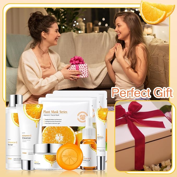 Vitamin C Face Skincare Set,9 Pcs Vitamin C Skin Care Set with 3 Honey Face Masks,Soap Bar, Wash,Toner, Serum, Moisturizer Cream,Eye Cream,Moisturizing Skin Care Kit