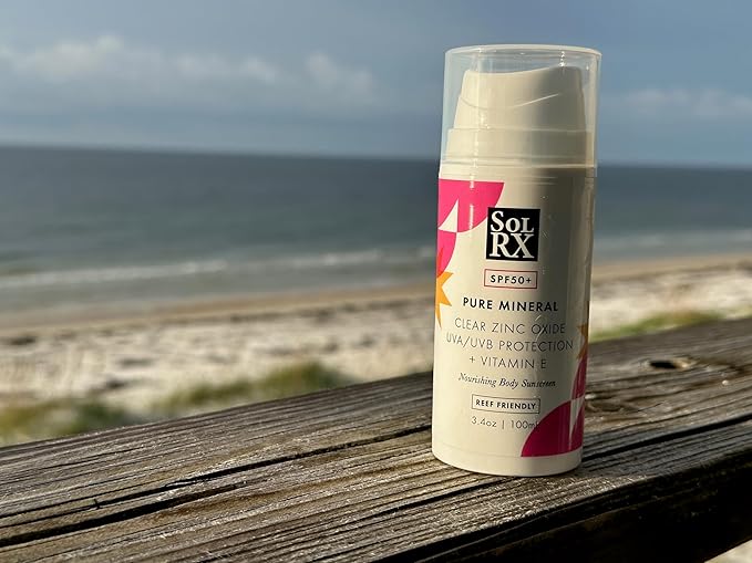 SolRX Pure Mineral SPF 50+ Sunscreen - 3.4oz Zinc Oxide Sunscreen with Vitamin E, Reef Safe, Daily Use for Face and Body