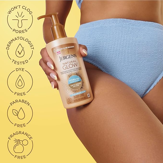 Jergens Natural Glow Hydra Gel Moisturizer, Hyaluronic Acid Tanning Lotion, Hydrating Tanning Gel, Fragrance-Free Self Tanner, Fair to Medium Skin Tones, 8.3 Fl Oz