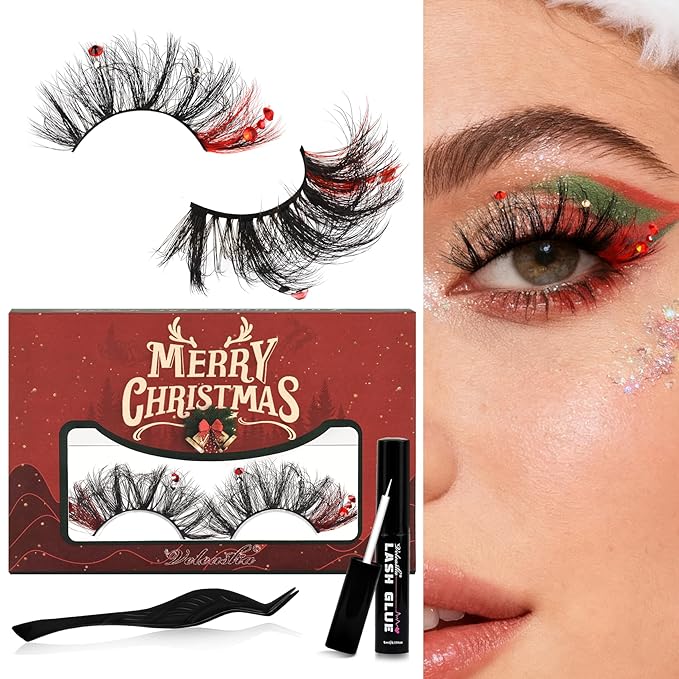 Veleasha Christmas LE Lashes Dramatic Eyelashes with Diamonds Cat Eye Lashes Colored False Eyelashes Fluffy Faux Mink Lash with Glue & Tweezers Look Like Lash Extensions (Christmas LE)